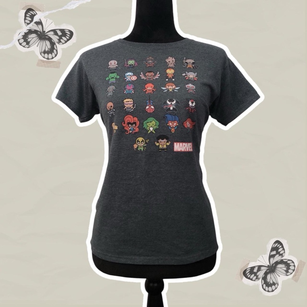 Women’s Size Small Cute Chibi Marvel Superhero Graphic Gray T-Shirt